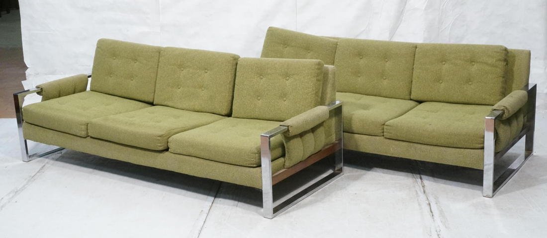 Pr Wide Flat Chrome Sofa Couch. Baughman Style: Pr Wide Flat Chrome Frame Sofa Couch Baughman style. Green tufted fabric cushions. Upholstered arm rests.-- Dimensions: H: 28 inches: W: 81 inches: D: 32 inches ---