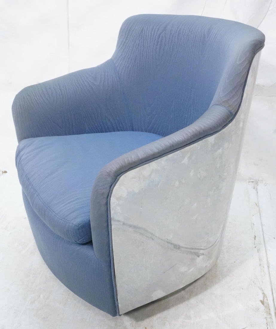 MILO BAUGHMAN Chrome Barrel Back Lounge Chair. Bl: MILO BAUGHMAN Chrome Barrel Back Lounge Chair. Blue upholstery. Chrome frame and base swivel chair.-- Dimensions: H: 30 inches: W: 29 inches: D: 26 inches ---