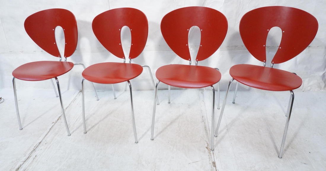 Set 4 GLOBUS STUA Red Dining Chairs. Tube chrome: Set 4 GLOBUS STUA Red Dining Chairs. Tube chrome legs with loop detail to chair backs. Globus Stua Contemporary Furniture by JESUS GASCA Label-- Dimensions: H: 32 inches: W: 18 inches: D: 19 inches --