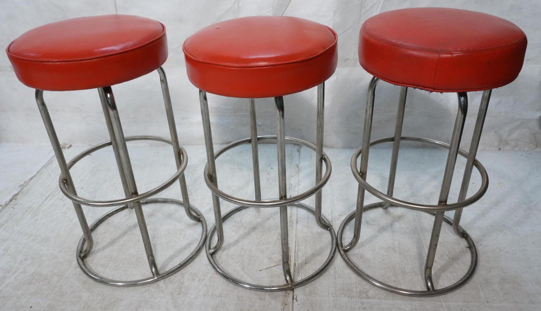 Set 3 Red Vinyl Chrome Frame Bar Stools. Swivel s: Set 3 Red Vinyl Chrome Frame Bar Stools. Swivel seats. Foot Rests. -- Dimensions: H: 30.5 inches: W: 19 inches: D: 19 inches ---