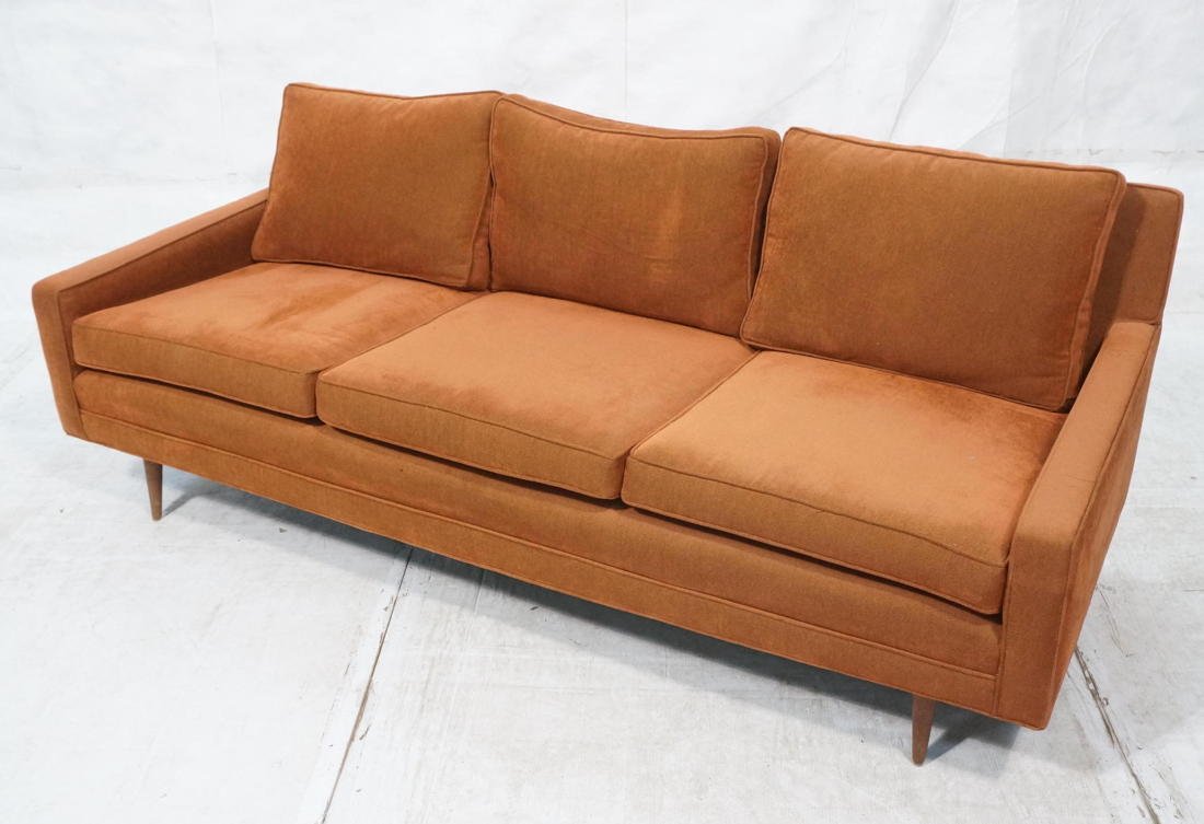Modern Rust Upholstered Sofa Couch. Tapered peg l: Modern Rust Upholstered Sofa Couch. Tapered peg legs. -- Dimensions: H: 28.5 inches: W: 76 inches: D: 32 inches ---
