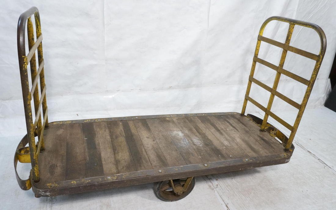 Extra Large Industrial Rolling Cart. Double iron: Extra Large Industrial Rolling Cart. Double iron handles on slatted wood cart. Handles not removable.-- Dimensions: H: 50 inches: W: 85 inches: D: 32 inches ---