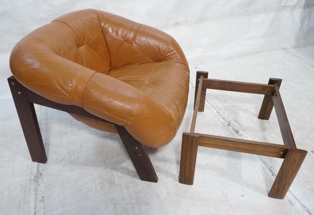 LAFER Brazilian Rosewood Lounge Chair & Stool. Br: LAFER Brazilian Rosewood Lounge Chair & Stool. Brown Leather Chair. Rosewood ottoman frame; no cushion.-- Dimensions: H: 27.5 inches: W: 35 inches: D: 32 inches ---