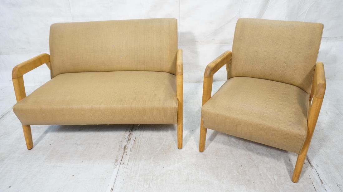 2pc CONANT BALL Settee & Lounge Chair. Birch fram: 2pc CONANT BALL Settee & Lounge Chair. Birch frames with rounded corners. Beige vinyl upholstery. -- Dimensions: H: 28.75 inches: W: 45.5 inches: D: 30.5 inches ---