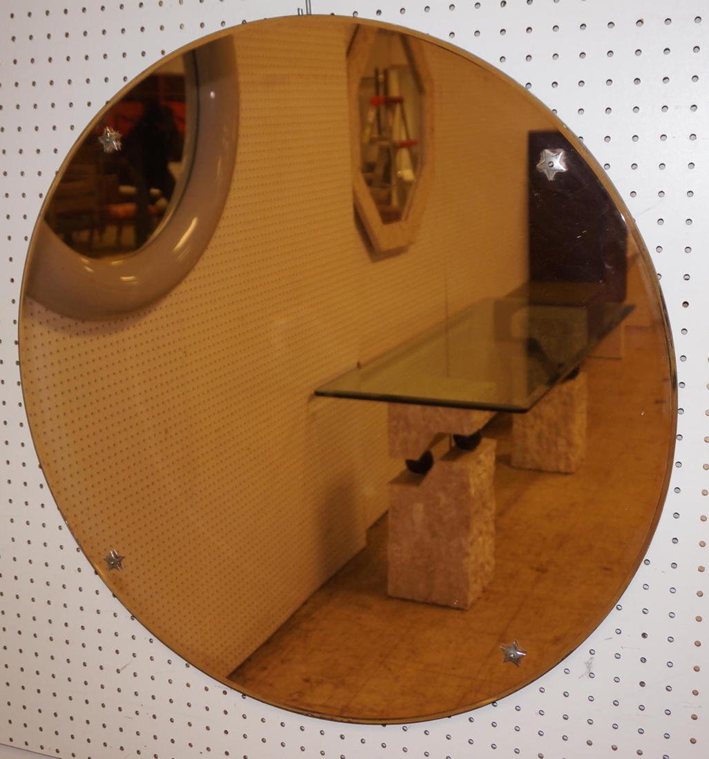 Round Pink Glass Art Deco Mirror. Beveled edge. C: Round Pink Glass Art Deco Mirror. Beveled edge. Chrome star accents-- Dimensions: H: 30 inches ---