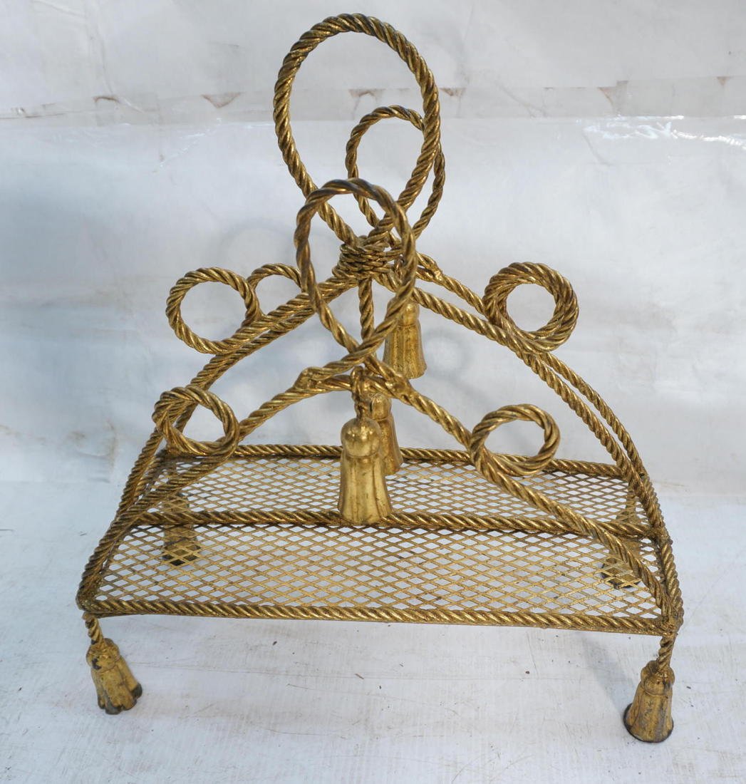 Italian Gilt Iron Magazine Rack. Rope and Tasse: Italian Gilt Iron Magazine Rack. Rope and Tassel design. -- Dimensions: H: 20.5 inches: W: 18 inches: D: 7.5 inches ---