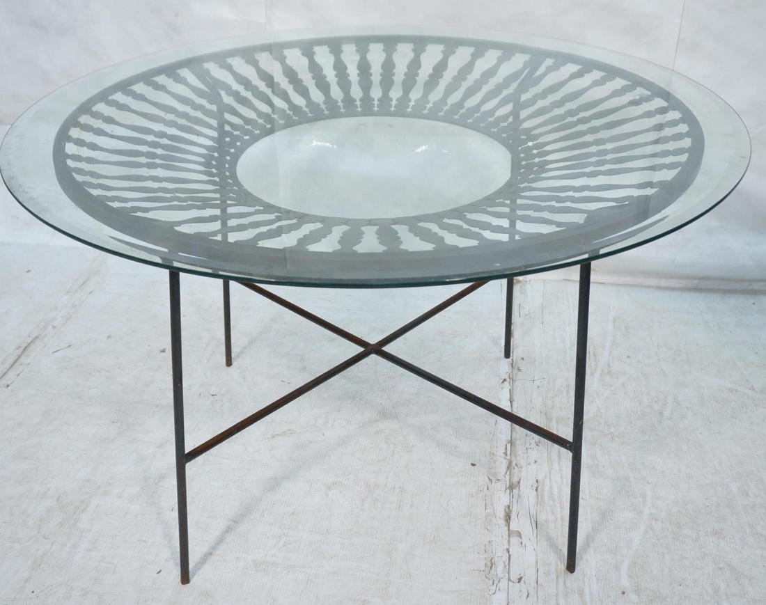 5pc Black Iron Table & 5 Chairs. Cool Radiating R: 5pc Black Iron Table & 5 Chairs. Cool Radiating Rays Design. Round Glass Top Table with beveled rays detail. 5 Tall Back Chairs. Patio. Garden. Outdoor Entertaining. -- Dimensions: ---