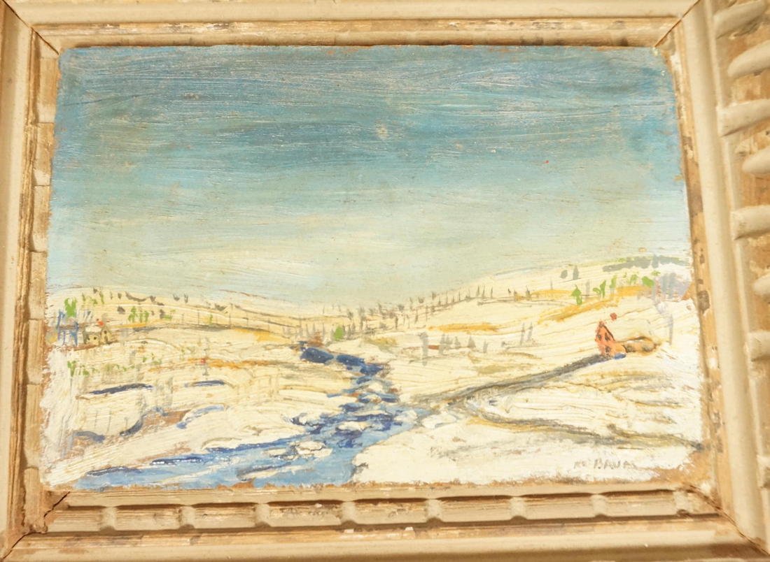 WALTER EMERSON BAUM Oil Painting. Landscape with: WALTER EMERSON BAUM Oil Painting. Landscape with Snow. Son of Walter E Baum. Signed. Oil on masonite. -- Dimensions: Image Size: H: 4.25 inches: W: 6 inches ---