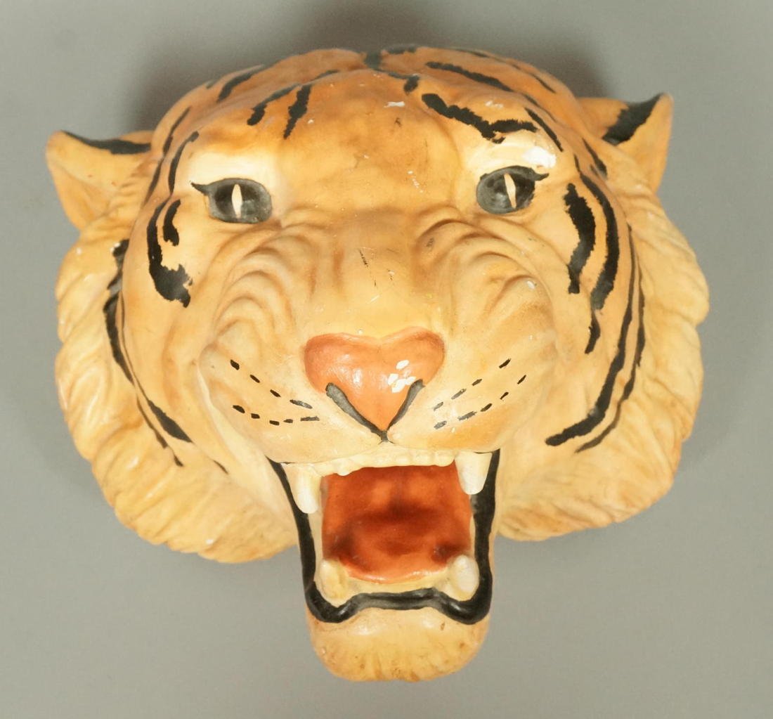 Large Plaster Tiger Wall Mount Head Sculpture. P: Large Plaster Tiger Wall Mount Head Sculpture. Painted.-- Dimensions: H: 12 inches: W: 13 inches: D: 10 inches ---