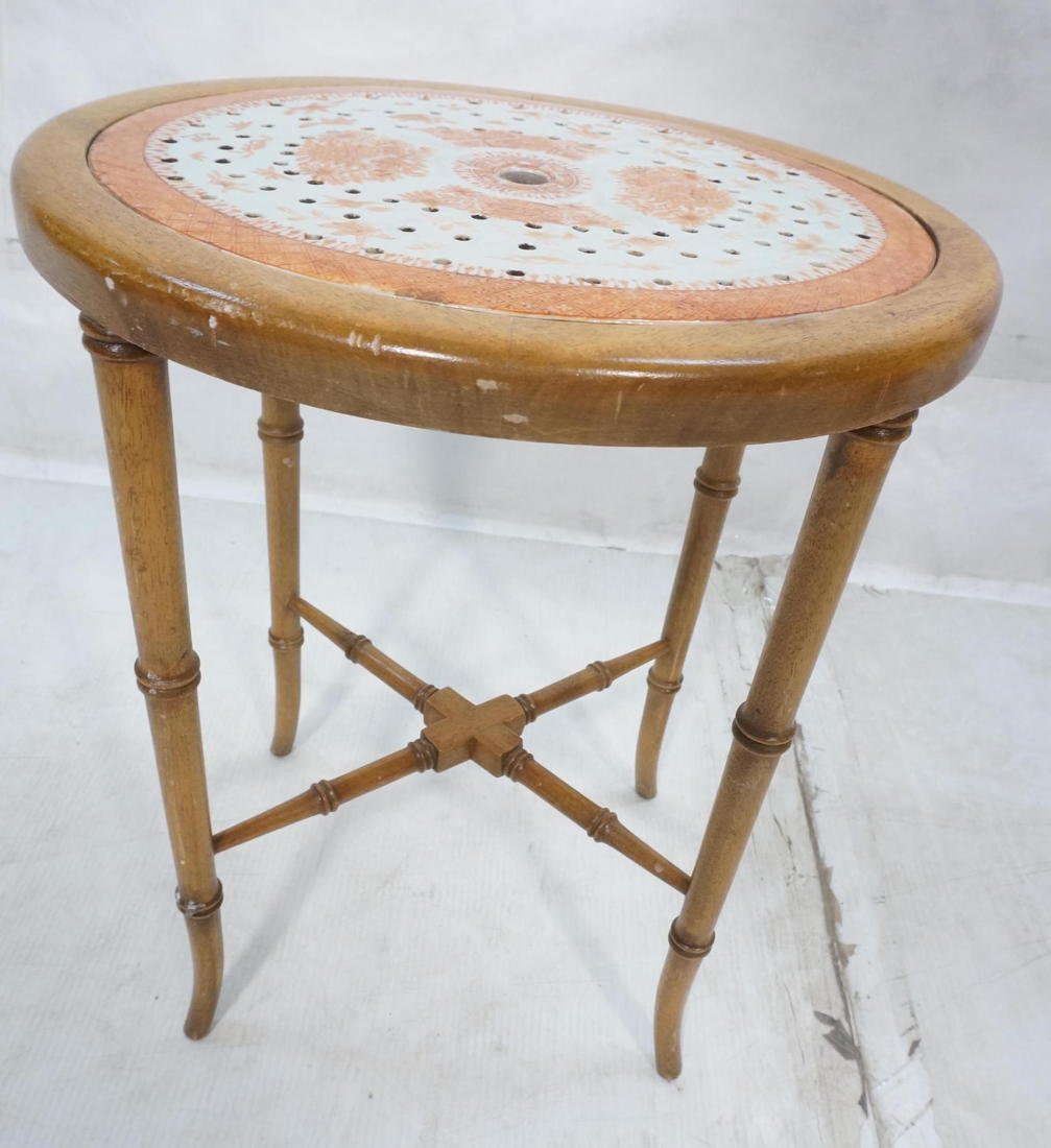 Chinese export Porcelain Drip plate in contempora: Chinese export Porcelain Drip plate in contemporary wood table. Faux bamboo.-- Dimensions: H: 19 inches: W: 15.75 inches: D: 13 inches ---