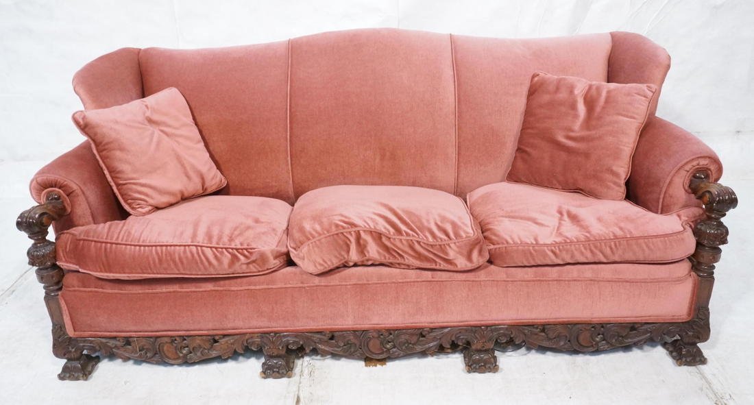Fancy Carved Antique Sofa Couch. Fancy arms and c: Fancy Carved Antique Sofa Couch. Fancy arms and carved skirt with square feet. Pink fabric upholstery-- Dimensions: H: 35.5 inches: W: 80 inches: D: 34 inches ---