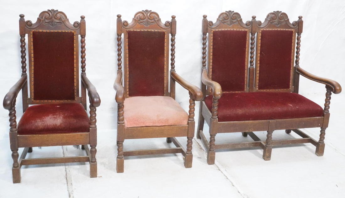 3pc Carved Oak Jacobean style Seating. Pr Arm Cha: 3pc Carved Oak Jacobean style Seating. Pr Arm Chairs & Love Seat. Spiral column details with block feet. -- Dimensions: H: 48 inches: W: 43 inches: D: 44 inches ---