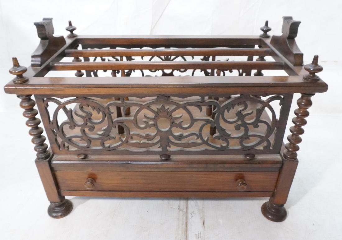 Antique Mahogany Magazine Rack. Pierced carved fr: Antique Mahogany Magazine Rack. Pierced carved frame. Spool column trim. One drawer-- Dimensions: H: 17 inches: W: 26 inches: D: 16 inches ---