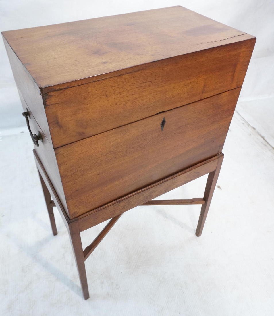 Vintage Mahogany Liquor Cabinet on Stand. Cross s: Vintage Mahogany Liquor Cabinet on Stand. Cross stretcher base with thin tapered square legs supports hinged fitted box-- Dimensions: H: 24 inches: W: 14.5 inches: D: 8.5 inches ---