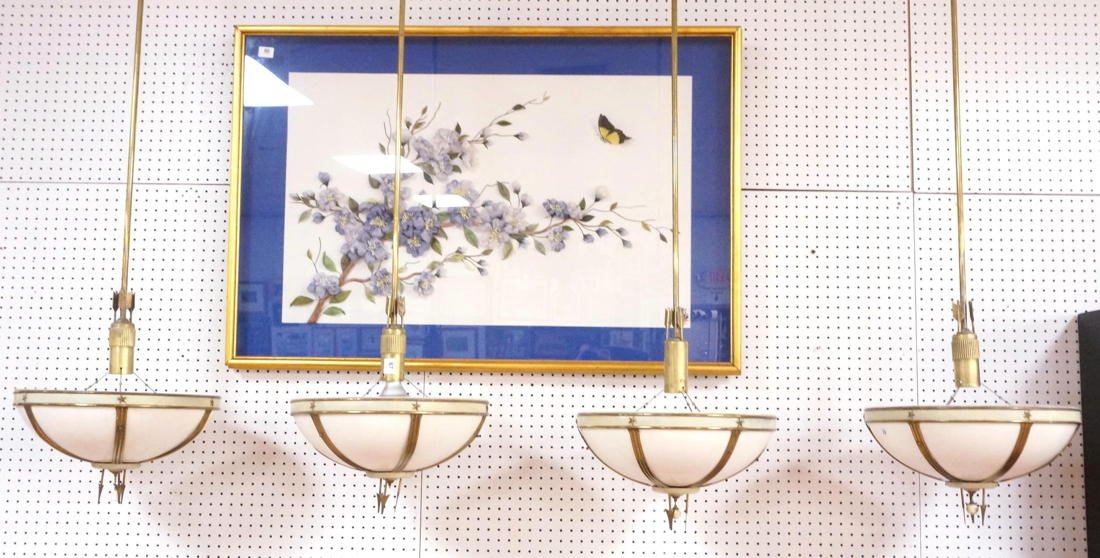 Set of 4 Art Deco Ceiling Lights. Dome shades on: Set of 4 Art Deco Ceiling Lights. Dome shades on long brass supports decorated with stars and arrows. Plastic dome shade liners.-- Dimensions: H: 64 inches: W: 16.5 inches ---