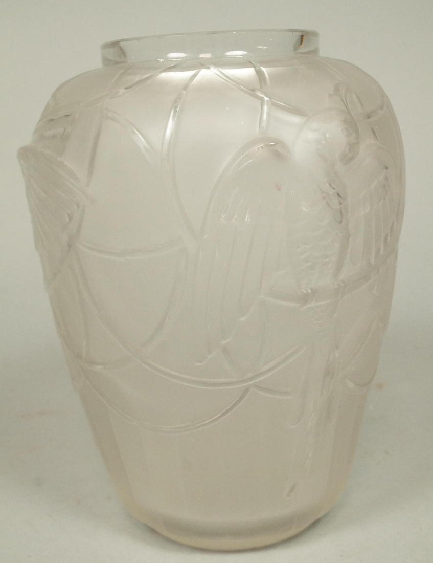 SABINO France Art Deco Bird Vase. Frosted Crystal: SABINO France Art Deco Bird Vase. Frosted Crystal With Cockatiel Design. Engraved signature. -- Dimensions: H: 8.25 inches: W: 6 inches --- US Shipping charge: $35