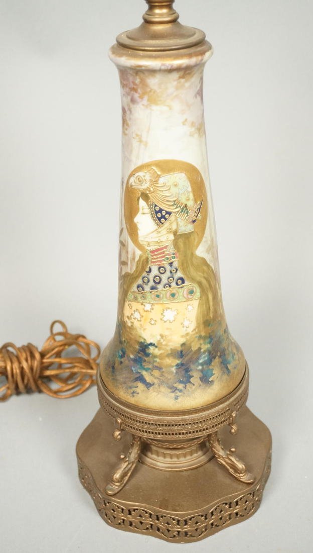 Amphora Art Pottery Portrait Vase on Metal Base.: Amphora Art Pottery Portrait Vase on Metal Base. "Allegory of Germany "Lamp. Portrait Painted. Designed by Nikolau Kannhauser. Made by R.St.K. Reisner, Stellmacher & Kessel. Pottery is 10.25"H x 4.5"W