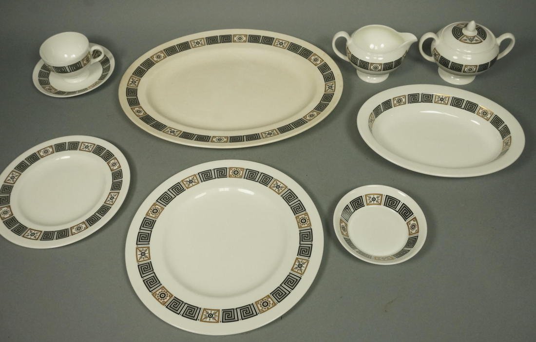 106pc WEDGWOOD Asia Dinnerware. China Set. Servic: 106pc WEDGWOOD Asia Dinnerware. China Set. Service for 12. Sugar & Creamer. 3 Large serving platters. Two Oval Veggies Vegetable Bowl. Black & Gold Greek Wall Rim design. -- Dimensions: ---