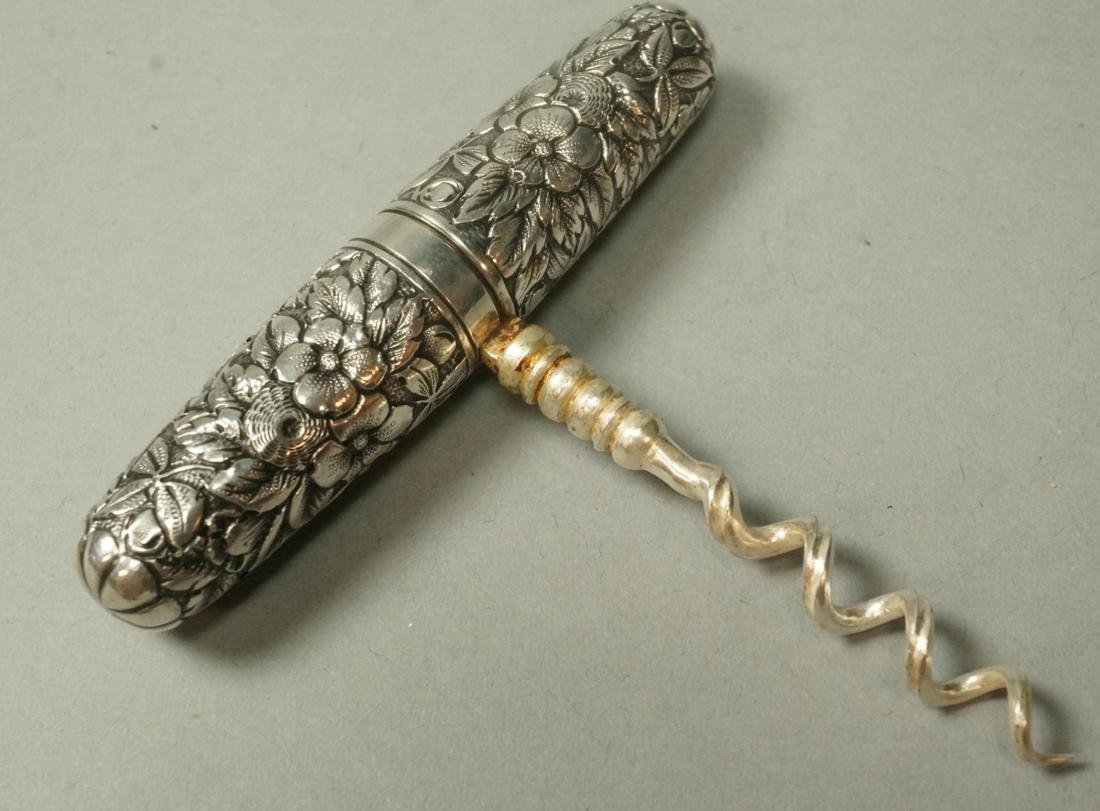 Repousse Sterling Folding Corkscrew. Floral Desi: Repousse Sterling Folding Corkscrew. Floral Design. -- Dimensions: : L: 3 inches --- US Shipping charge: $9