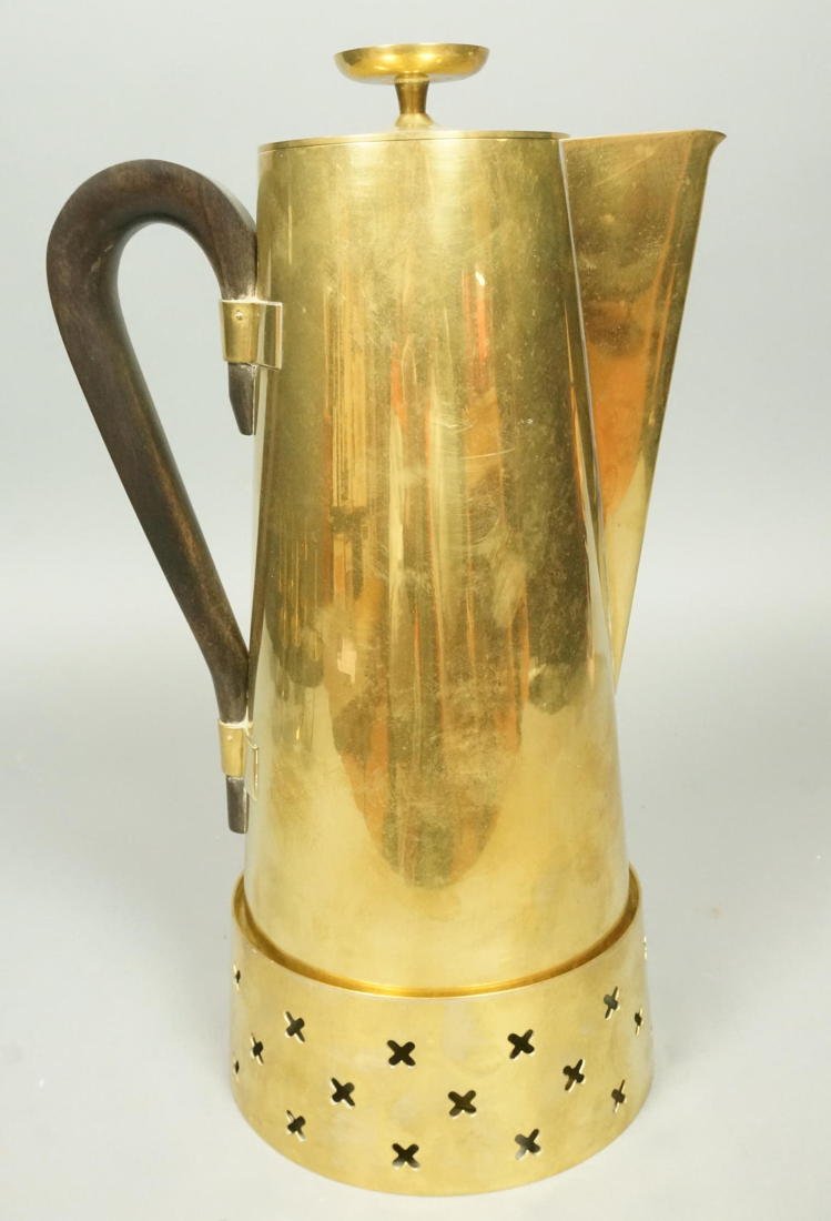 TOMMI PARZINGER Brass Coffeepot on Stand. Wood ha: TOMMI PARZINGER Brass Coffeepot on Stand. Wood handle. Has the burner. Star design to stand. Marked-- Dimensions: --- US Shipping charge: $20