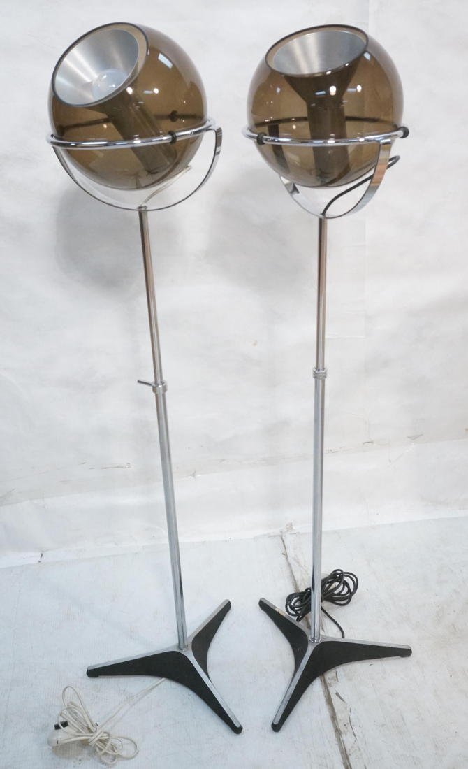 Pr RAAK Smoked Glass Globe Standing Floor Lamps.: Pr RAAK Smoked Glass Globe Standing Floor Lamps. Chrome accents and frame. Tripod base. Paper RAAK label. -- Dimensions: ---