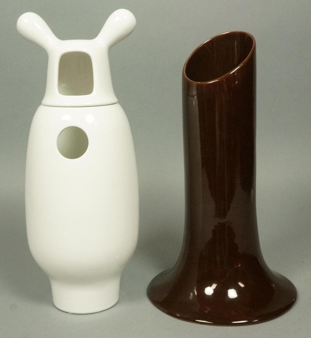 2pcs Ceramic Bottles. 1). Figural Lidded bottle w: 2pcs Ceramic Bottles. 1). Figural Lidded bottle with ears marked: BD SHOWTIME JAIME HAYON for BD Ediciones de diseno. circa 2006. 2). RAYMOR Italy Brown cylinder vase with angled lip and swollen foot