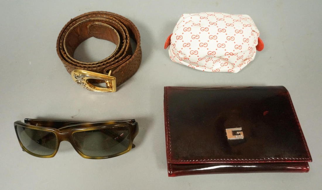 4pc GUCCI Fashion Lot. 1. Pr Tortoise sunglasses.: 4pc GUCCI Fashion Lot. 1. Pr Tortoise sunglasses. 2. Logo coin purse. 3. Brown snakeskin belt. 4. burgundy patent leather wallet. Belt probably a size 30-32. -- Dimensions: --- US Shipping charge: $20