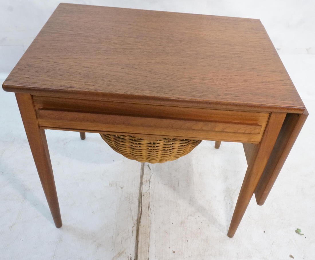 Danish Teak HANS WEGNER style Asbjorn Mobler Sew: Danish Teak HANS WEGNER style Asbjorn Mobler Sewing Cabinet. 12.5" Drop side. Woven dome basket. One drawer stand. Marked.-- Dimensions: H: 20.5 inches: W: 24.5 inches: D: 18 inches ---