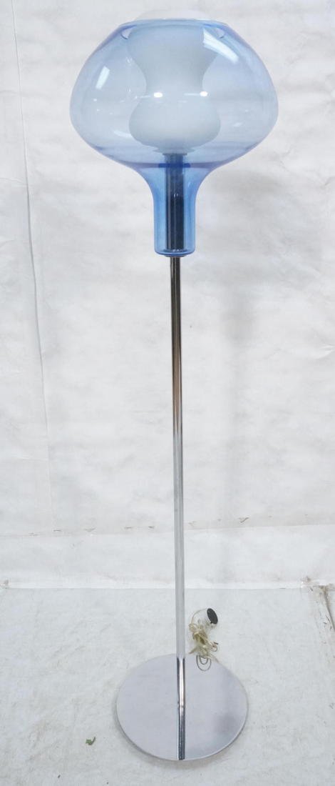 KARIM RASHID Blue Glass Floor Lamp for George Kov: KARIM RASHID Blue Glass Floor Lamp for George Kovacs. Organic form light blue glass shade on thick chrome column. Inner white glass shade. -- Dimensions: H: 70 inches: W: 15 inches ---
