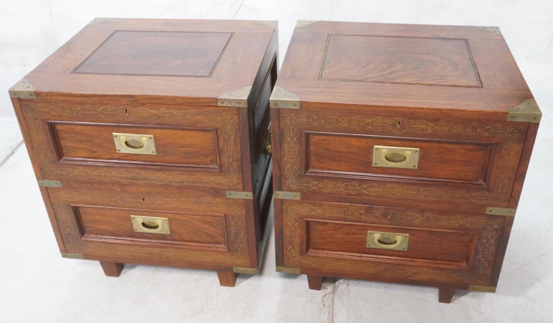Pr Asian Campaign Chests. Brass Handles and accen: Pr Asian Campaign Chests. Brass Handles and accent trim. Two drawers with brass inlay. Drawers lock with key. -- Dimensions: H: 23 inches: W: 20.5 inches: D: 18 inches ---