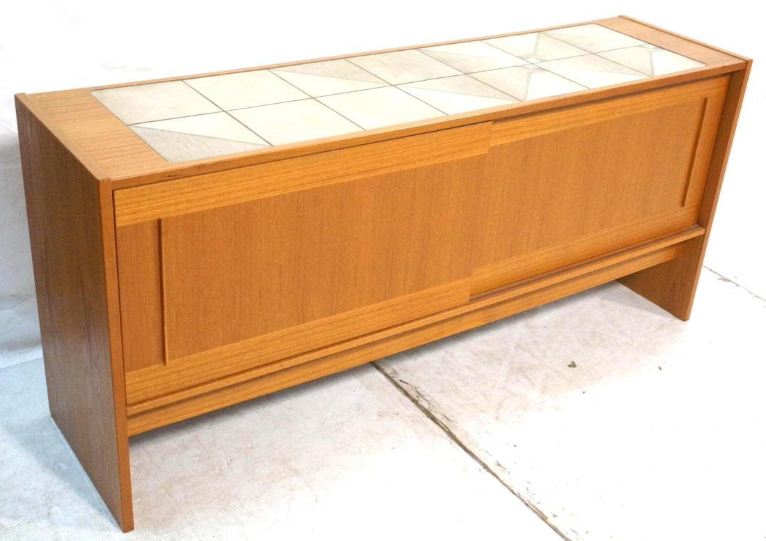 Danish Teak Tile Top Sideboard Credenza. Light te: Danish Teak Tile Top Sideboard Credenza. Light teak cabinet with two sliding doors. -- Dimensions: H: 30.5 inches: W: 66.5 inches: D: 17.75 inches ---