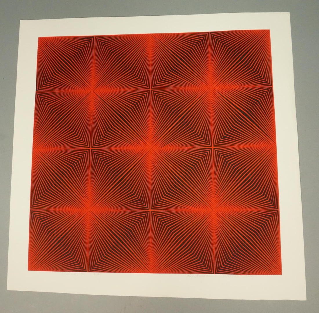ROY AHLGREN American OP ART Silkscreen Print. "GA: ROY AHLGREN American OP ART Silkscreen Print. "GALAXY IV" 5-69. Black on Red. Pencil signed Artist's Proof. -- Dimensions: H: 20 inches: W: 20 inches --- US Shipping charge: $35