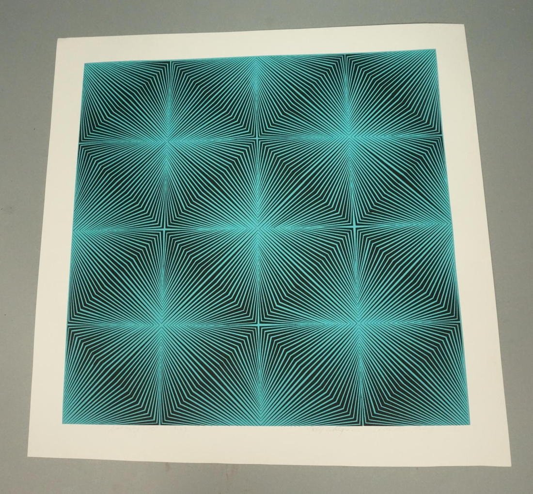 ROY AHLGREN American OP ART Silkscreen Print. "GA: ROY AHLGREN American OP ART Silkscreen Print. "GALAXY III" 5-69. Graphic Black on Blue. Pencil signed Artist's Proof. -- Dimensions: H: 20 inches: W: 20 inches --- US Shipping charge: $35