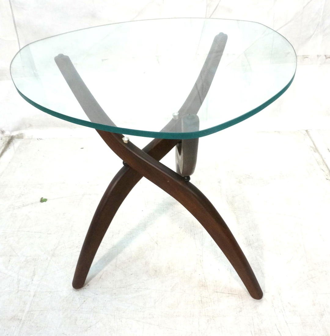 Glass Top Adrian Pearsall style Side Table. Three: Glass Top Adrian Pearsall style Side Table. Three bowed wood legs with metal hardware details. Triangle glass top. Not marked.-- Dimensions: H: 20.5 inches: W: 23.5 inches: D: 23.5 inches ---