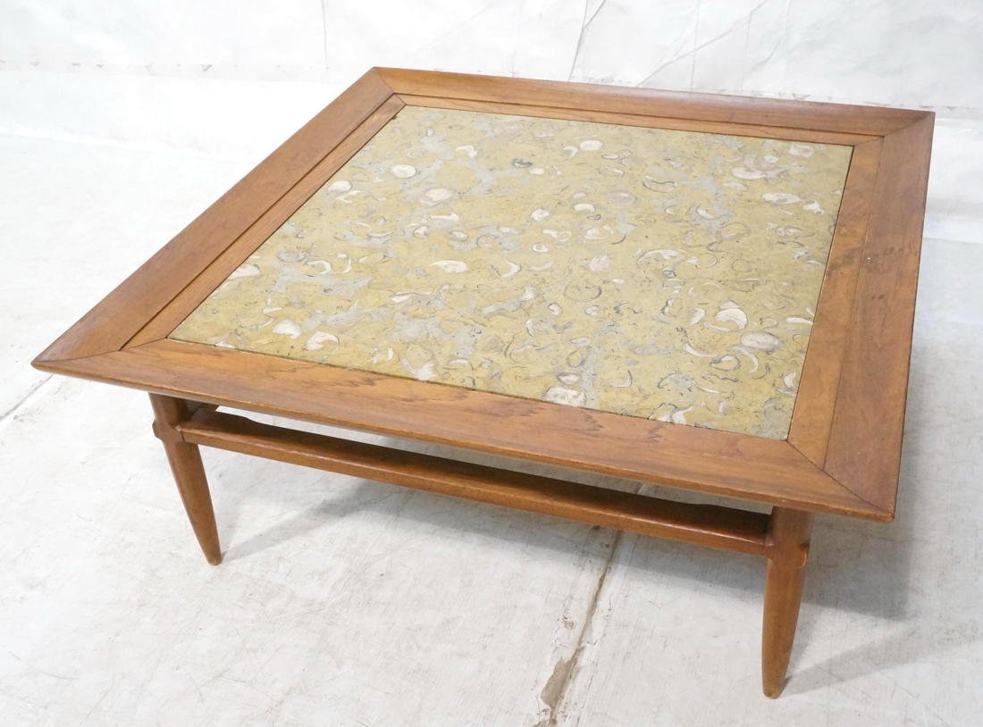 Large American Modern Square Coffee Table. Square: Large American Modern Square Coffee Table. Square Fossilized Stone Top set in wide beveled wood frame. Stretcher base on tapered peg legs. Marble is 33.75" x 33.75"-- Dimensions: H: 18.25 inches: W: 4