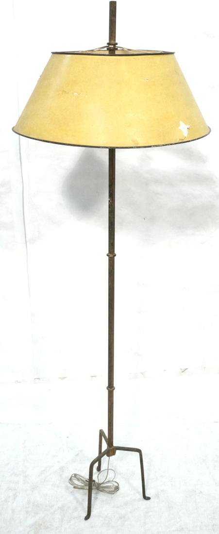 TOMMI PARZINGER style Gilt Iron Floor Lamp. Tripo: TOMMI PARZINGER style Gilt Iron Floor Lamp. Tripod Base supports rod with decorative metal elements.-- Dimensions: H: 69 inches: W: 9.5 inches ---