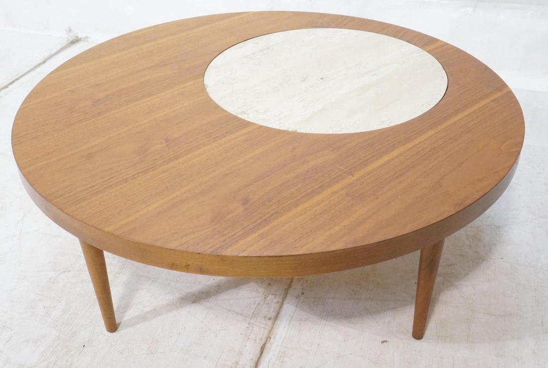 Vintage Modern Coffee Cocktail Table. Round wood: Vintage Modern Coffee Cocktail Table. Round wood top with inset travertine disc. -- Dimensions: H: 14.5 inches: W: 38 inches ---