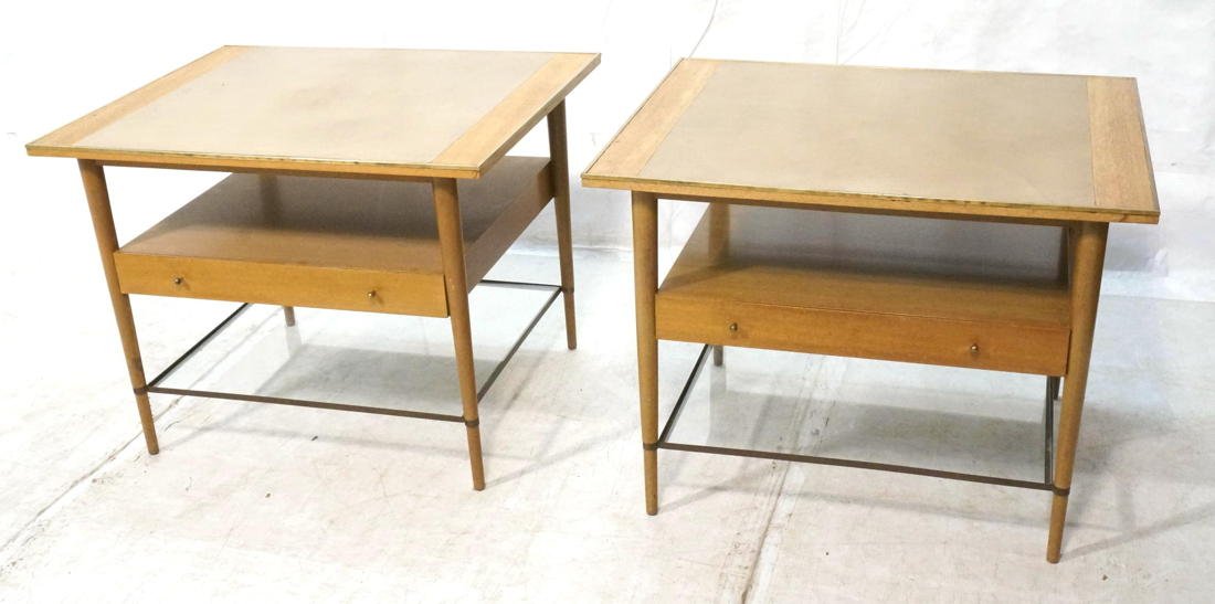 Pr PAUL McCOBB One Drawer Side End Table. Tan lea: Pr PAUL McCOBB One Drawer Side End Table. Tan leather top. Glass lower shelf. Brass Trim, stretcher and ball knobs. Connoisseur Collection label. -- Dimensions: H: 24 inches: W: 32 inches: D: 26.25 in