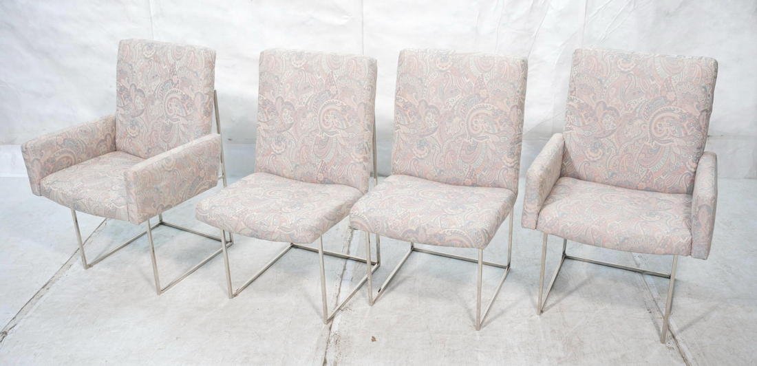 Set 4 MILO BAUGHMAN Chrome Side Dining Chairs. Tw: Set 4 MILO BAUGHMAN Chrome Side Dining Chairs. Two Arms. Two Side Chairs. Thin square tube frame. Pastel paisley upholstery. -- Dimensions: H: 36 inches: W: 23 inches: D: 22 inches ---
