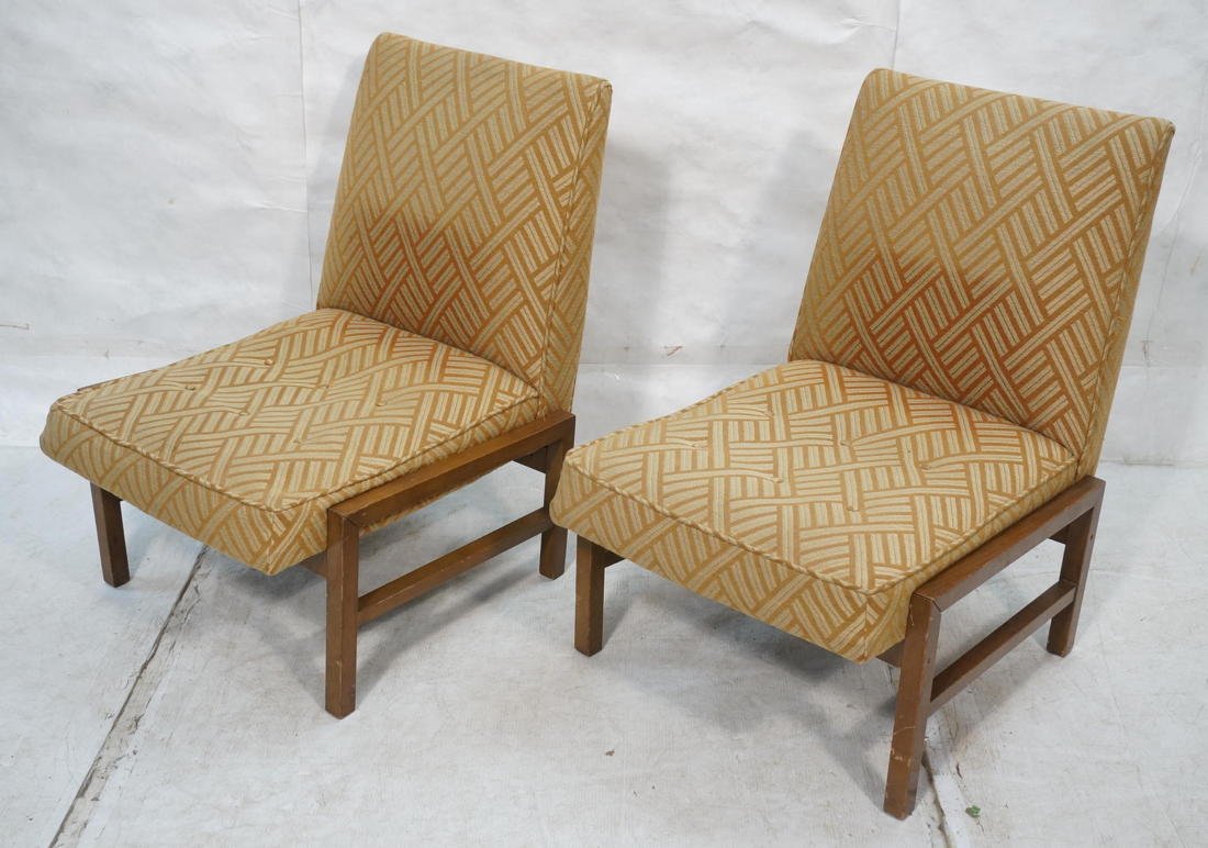 Pr DUNBAR Side Lounge Slipper Chair. Square wood: Pr DUNBAR Side Lounge Slipper Chair. Square wood column frame legs. Gold fabric upholstery. Gold metal tag-- Dimensions: H: 34 inches: W: 25 inches: D: 28 inches ---