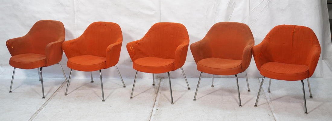 5pcs KNOLL Chrome leg Chairs. Three with matching: 5pcs KNOLL Chrome leg Chairs. Three with matching upholstery. Two with matching upholstery. Thin chrome tube frames. Red/orange fabric. Labeled-- Dimensions: H: 32 inches: W: 27 inches: D: 23 inches -