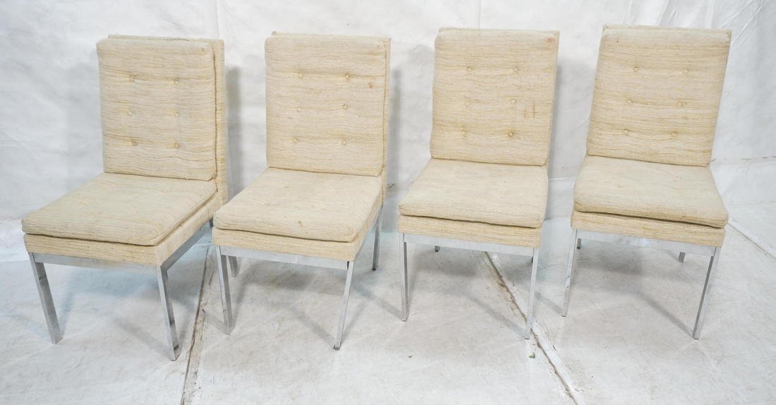 Set 4 Dining Chairs. Milo Baughman style. Wide fl: Set 4 Dining Chairs. Milo Baughman style. Wide flat chrome frame. nubby textured cream fabric upholstery. Not marked.-- Dimensions: ---