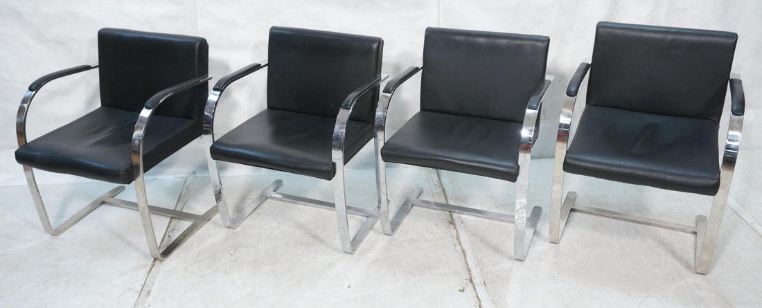 Set 4 BRNO Chromed Steel Side Chairs. Black Leath: Set 4 BRNO Chromed Steel Side Chairs. Black Leather. Possibly by KNOLL. Leather arm rests. -- Dimensions: H: 31 inches: W: 23 inches: D: 22 inches ---