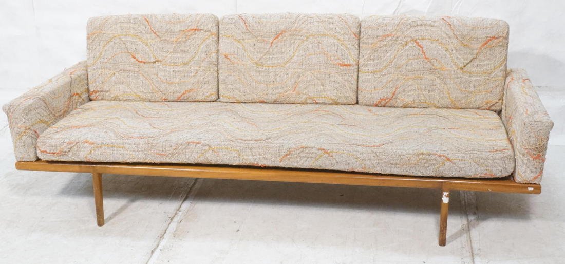 SMILOW-THIELLE Back Rail Sofa Couch. Exposed Wood: SMILOW-THIELLE Back Rail Sofa Couch. Exposed Wood Slatted Back. American Walnut Frame with textured upholstered cushions & arms. Not marked-- Dimensions: H: 27 inches: W: 85 inches: D: 31 inches ---