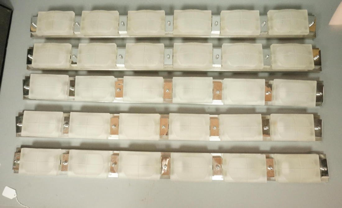 5pc LIGHTOLIER Chrome Column Frosted Glass Wall S: 5pc LIGHTOLIER Chrome Column Frosted Glass Wall Sconces. Marked. -- Dimensions: H: 36 inches: W: 3.25 inches: D: 2.5 inches ---