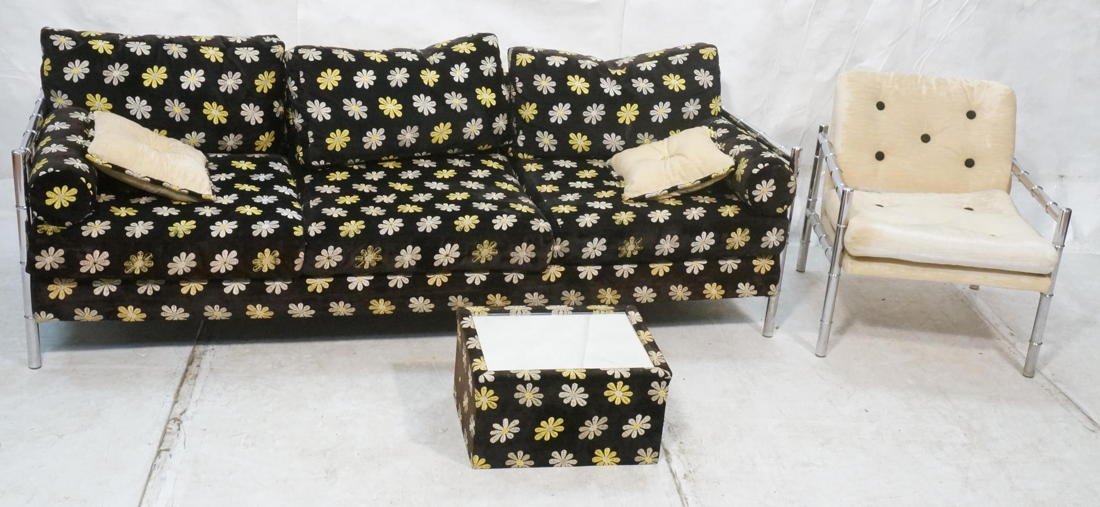 3pc Retro Chrome Faux Bamboo Living Room Set. Sof: 3pc Retro Chrome Faux Bamboo Living Room Set. Sofa, End Table, Lounge Chair. Chrome frame. Sofa with black plush fabric with embroidered white & yellow floral details. Matching End Table. Lounge uphol