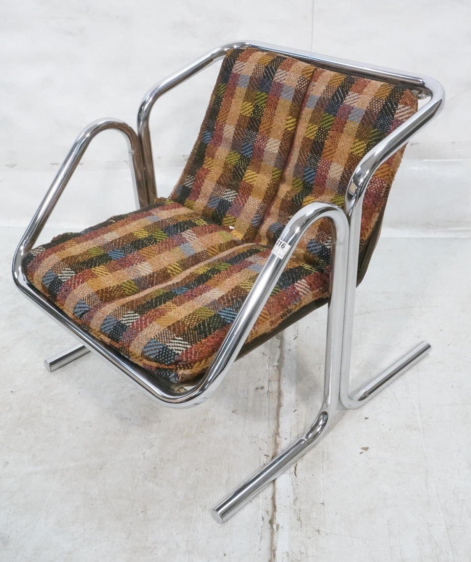 70's JERRY JOHNSON "Arcadia" Tubular Chrome Chair: 70's JERRY JOHNSON "Arcadia" Tubular Chrome Chair. Shiny Chrome Lounge Chair. Colorful plaid upholstered cushion seat & back. -- Dimensions: H: 27 inches: W: 25.5 inches: D: 30 inches ---