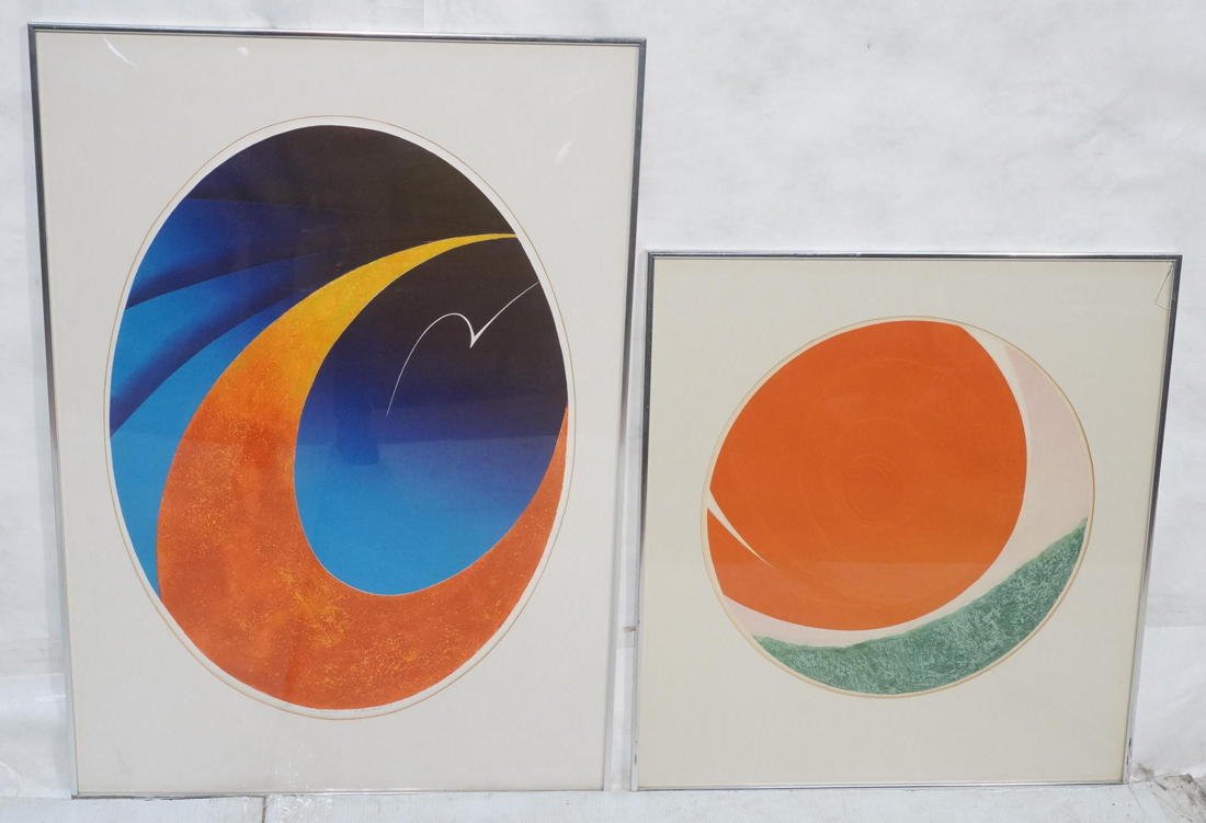 2pc BEATRICE BERLIN Embossed Collograph Print. 1): 2pc BEATRICE BERLIN Embossed Collograph Print. 1). Orange Embossed Print with green. Titled, signed and dated 72. #7/50. 2). "COSMOS I" signed & dated 74. #2/70 Orange and Blue Oval image.-- Dimension