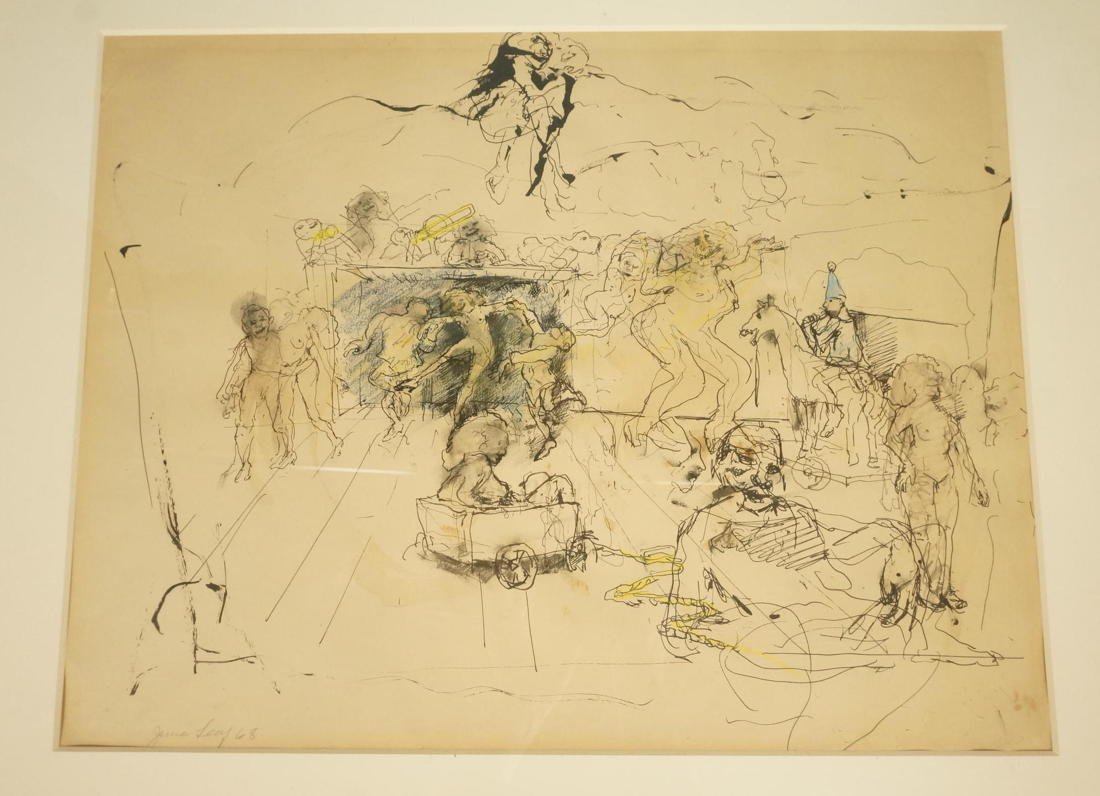 JUNE LEAF Pen & Ink Drawing. Dancers, Nudes, Hors: JUNE LEAF Pen & Ink Drawing. Dancers, Nudes, Horses. Appears to be a surreal circus theme. Signed.-- Dimensions: H: 17 inches: W: 22 inches ---