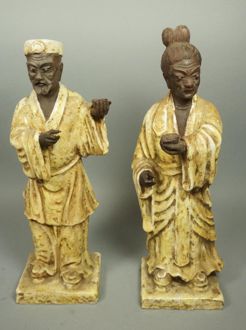 Pr FANTONI Italy Ceramic Glazed Asian Figure Scul: Pr FANTONI Italy Ceramic Glazed Asian Figure Sculptures. Man & Woman. Vintage. Glazed forms with raw clay head and hand. SIgned.-- Dimensions: H: 22 inches: W: 7 inches: D: 6 inches ---